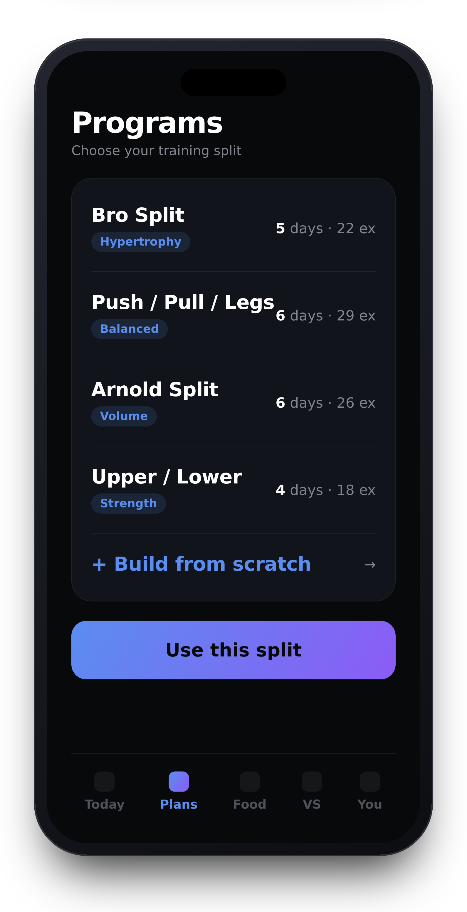 Programs screen with training splits